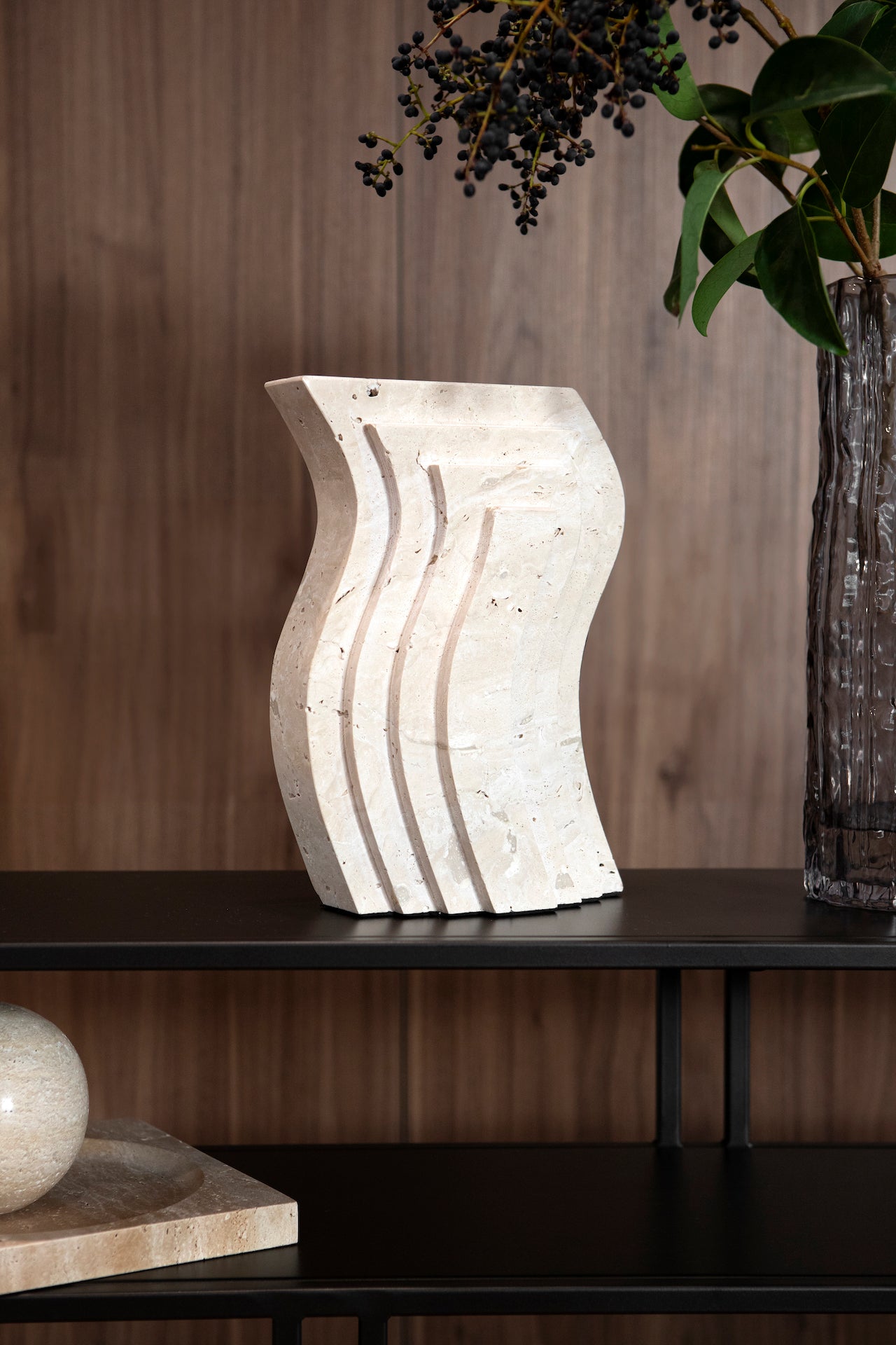 Travertine Wave Sculpture, Light